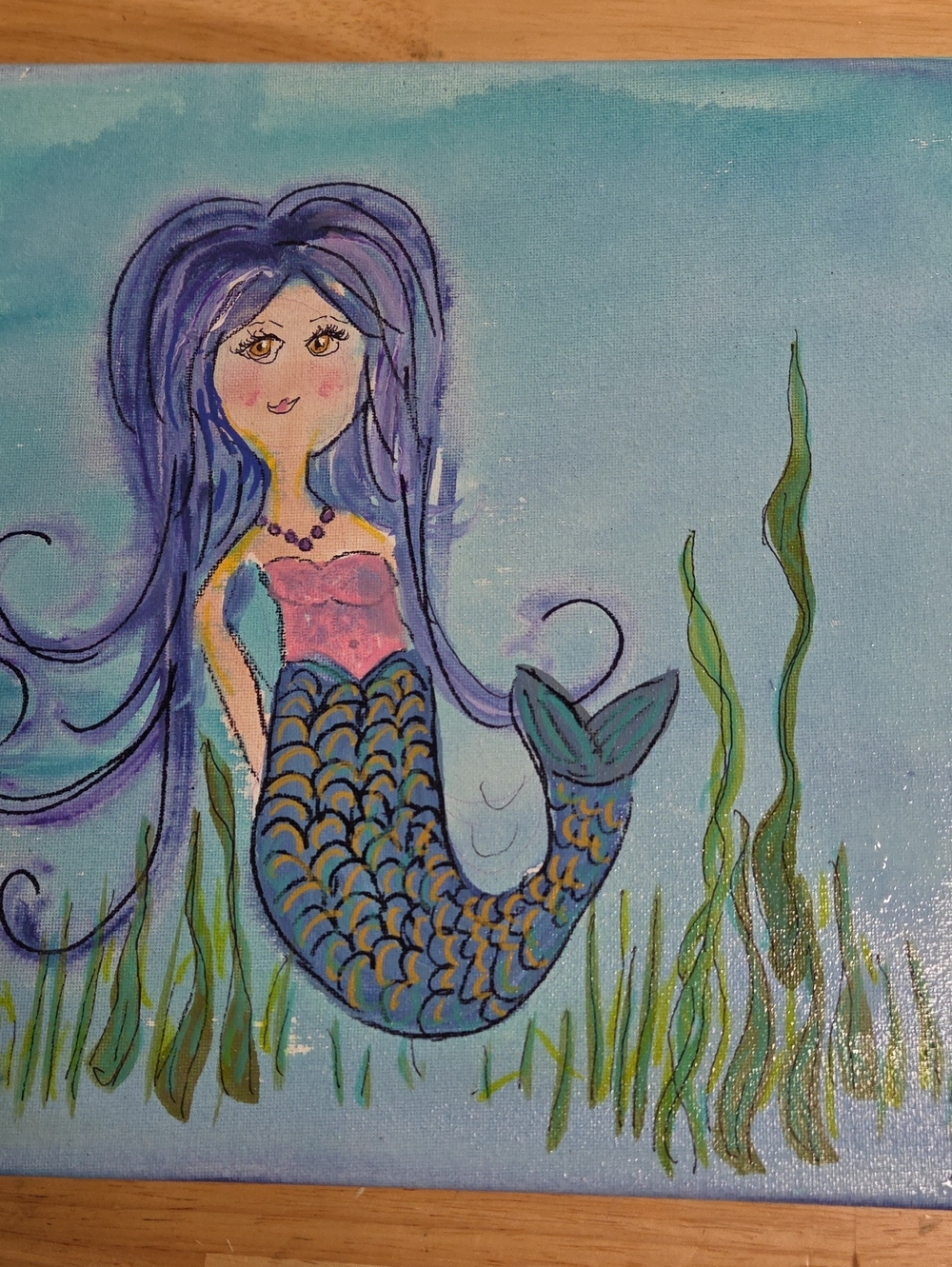 Folk Art Mermaid Painting 12x12 In Canvas